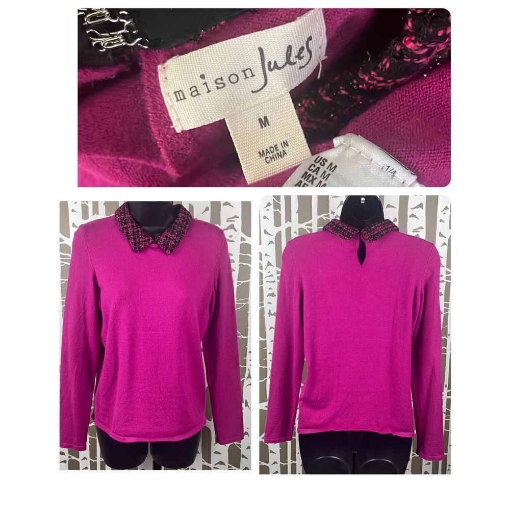 Maison Jules Fuschia Pink Stretch Fitted Sweater w Tweed Sparkly Collar sz M
